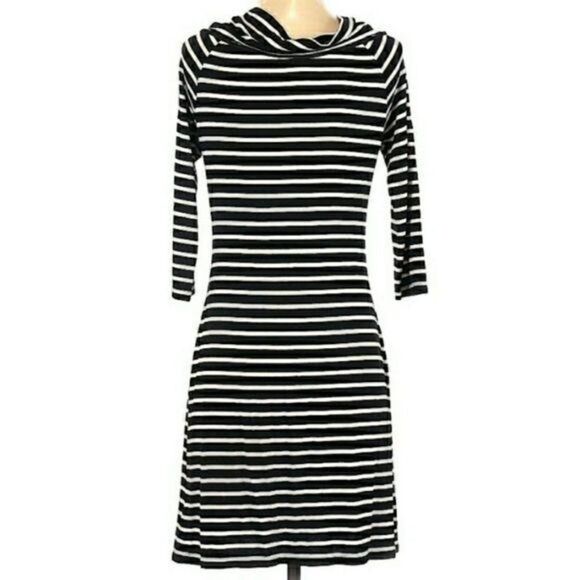 WHBM Dress Bodycon Off Shoulder Stretch 1/2 Sleeve Mini Knit Black Striped S - Picture 7 of 10